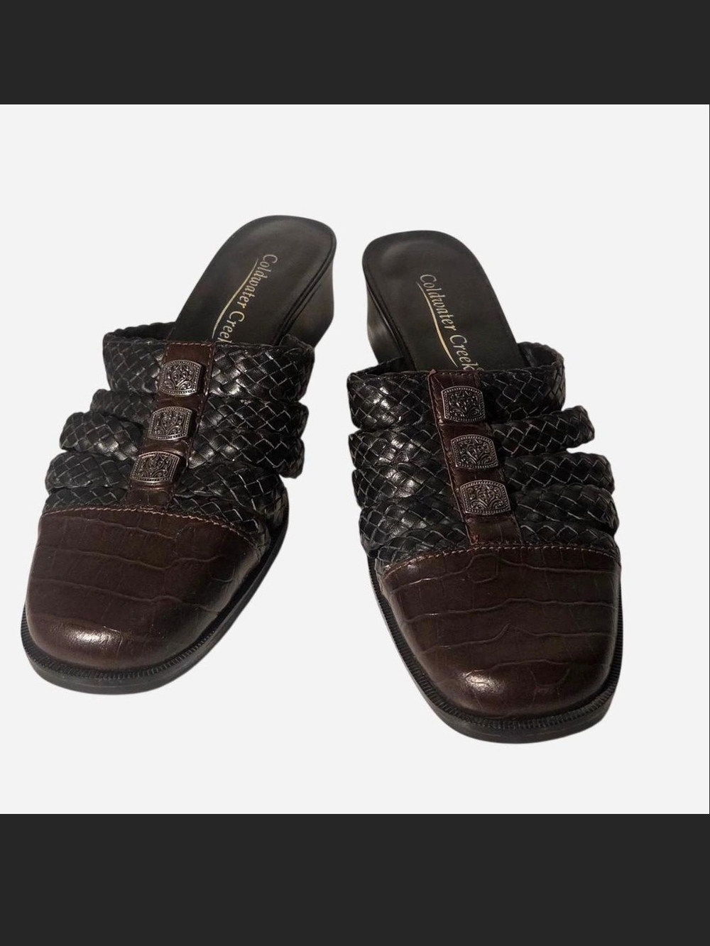 Coldwater Creek Women's Dark Brown Braided Leather Slip-On Mules Size 6.5